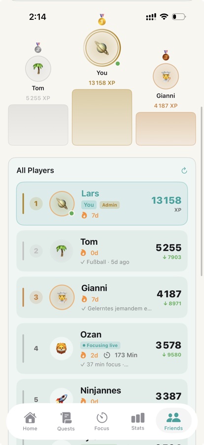 FocusQuest friends leaderboard