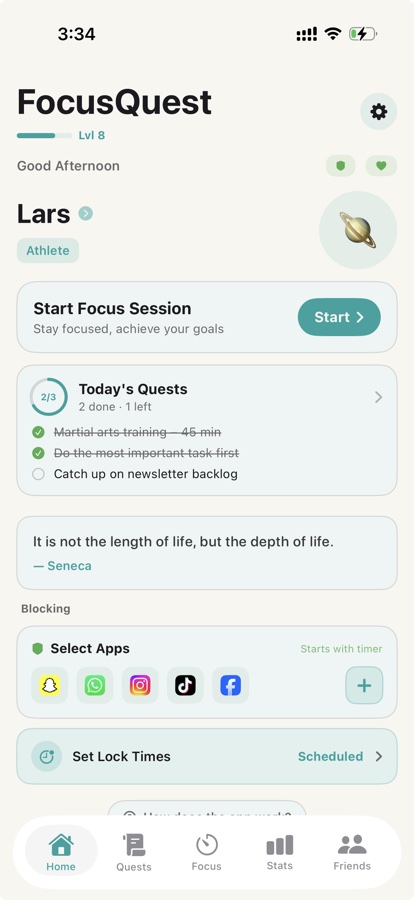 FocusQuest home screen with Screen Time Guard active